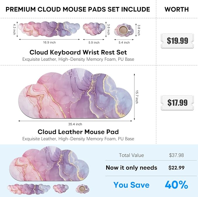 JIKIOU Large Cloud Mouse Pad Waterproof with Cloud Keyboard Wrist Pad and Cloud Mouse Wrist Pad Set, Ergonomic Computer Desk Wrist Support Mousepad for Keyboard and Mouse 35.4x15.7in Marble Pink