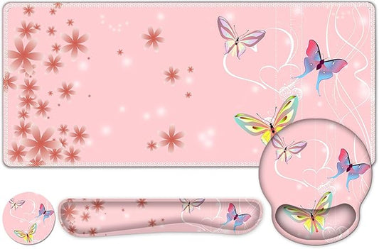 Peach Pink Butterflies Florals Mouse Pad, XXL Large Desk Mat Extended Reading Desk pad, 4 PCS Non-Slip Rubber Base Computer Big Mousepads for Work, Game, Office, Home Decor Cute Girls Woemn Gifts
