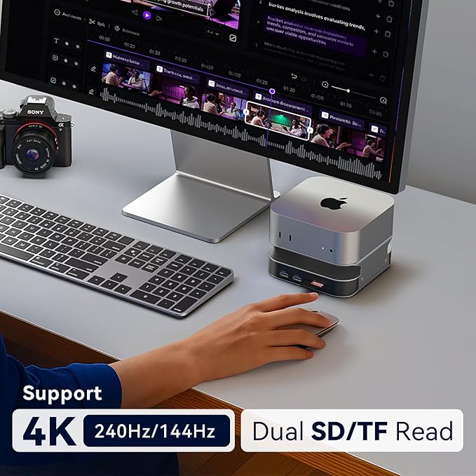 VENTION for Mac mini M4 Dock, 10 in 1 Aluminum Stand for M4/M4 Pro with M.2 NVMe SSD Enclosure, 4K@240HZ/144HZ USB A 3.2, 10Gbps Transfer, USB C Extender, SD/TF Reader, Silver