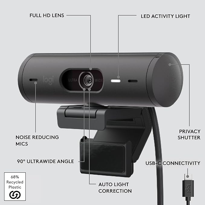 Logitech Brio 501 Full HD Webcam with Auto Light Correction, Show Mode, Noise Reduction Mics, Privacy Cover, Works with Microsoft Teams, Google Meet, Zoom, Nintendo Switch 2 New GameChat Mode - Black