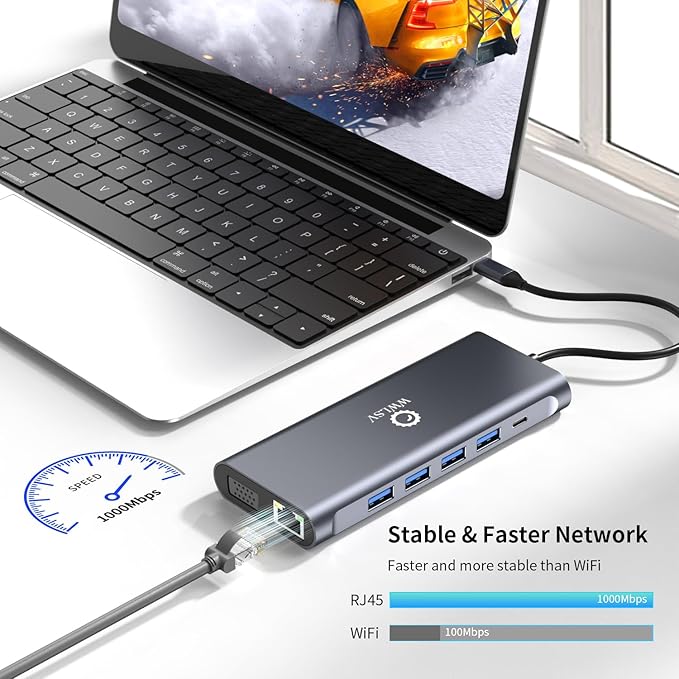 Laptop Docking Station, 12-in-1 USB C Hub – HDMI 4K@60Hz (Single Display), Dual Display HDMI + VGA (1080p, Shared Bandwidth), 100W PD, Ethernet, USB 3.0, SD/TF, Audio, for MacBook, Dell, HP, Lenovo