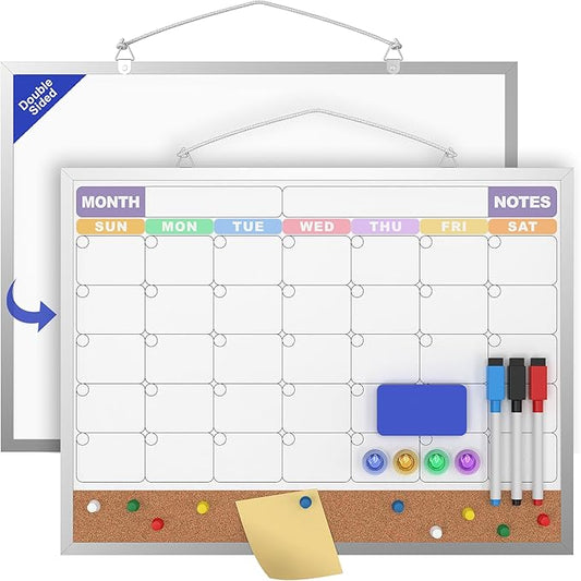 Monthly Calendar Dry Erase Board 16x12 Inch, Double-Sided Whiteboard and Corkboard Combo with Silver Aluminum Frame (Color Calendar), Wall Mounted Planner with Marker, Magnet, Push Pin, Eraser