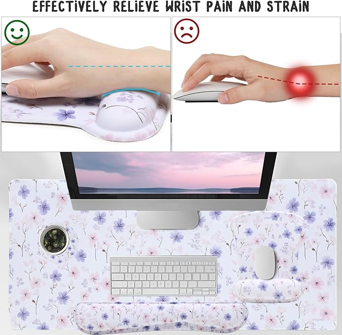 MEGREZ 4-in-1 Ergonomic Memory Foam Wrist Rest Set, Desk Pad, Mouse Pad with Wrist Rest, Keyboard Pad, Suitable for Office Workers, Programmers & Gamers–Relieve Typing & Gaming Fatigue, White Flower