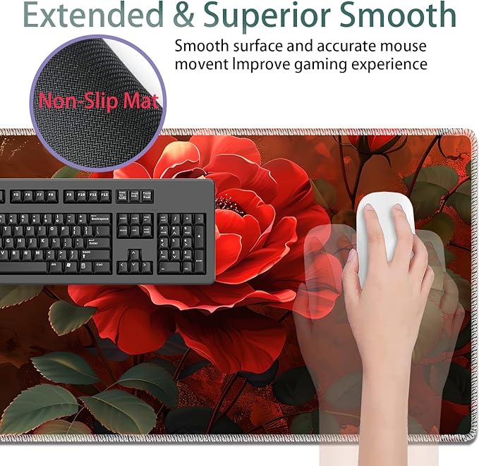 Large Gaming Mouse Pad + Keyboard Wrist Rest + Wrist Support + Coaster Set, Memory Foam Ergonomic for Easy Typing, XXL Extended Gaming Mouse Pad Table Pad - Red Rose