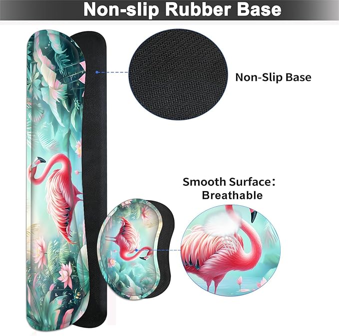 Large Mouse pad and Keyboard Support Set, Ergonomic Memory Foam Keyboard Wrist Rest, Extended Gaming Mouse Pad with Stitched Edges, Flamingo in Lotus Pond XXL Desk Mat (31.5 X 11.8 in)