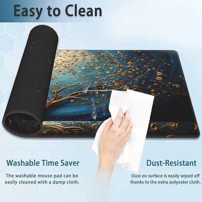 Desk Mat,Blue Golden Tree and Waves Extended Gaming Mouse Pad Large, 31.5"x11.8" 3D Modern Art Landscape Mouse Pad with Non-Slip Base and Stitched Edge,Computer Keyboard Mouse Mat for Home Office