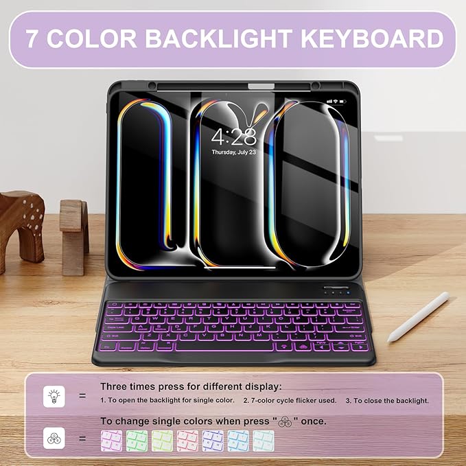 Soke Keyboard Case for iPad Pro 13 Inch (M5 2025/M4 2024), 7-Color Backlit Detachable Bluetooth Keyboard, Folio Stand TPU Back Cover with Pencil Holder for iPad Pro 13", Purple Marble