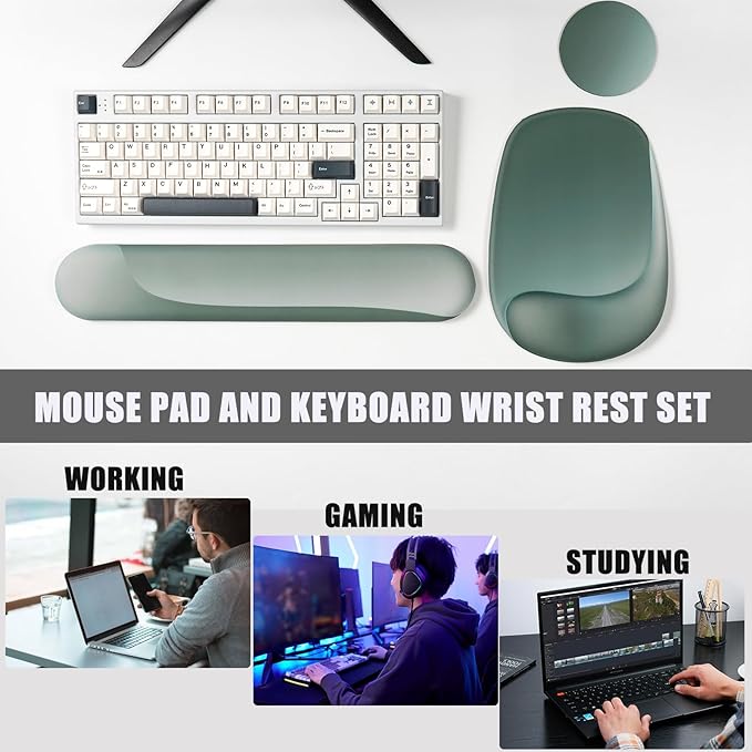 Ergonomic Mouse Pad and Keyboard Wrist Rest Set, Keyboard and Mouse Pad, Mouse Wrist Support, Non-Slip Coaster, Comfort & Support for Typing and Gaming,Reduces Fatigue (3, Green)