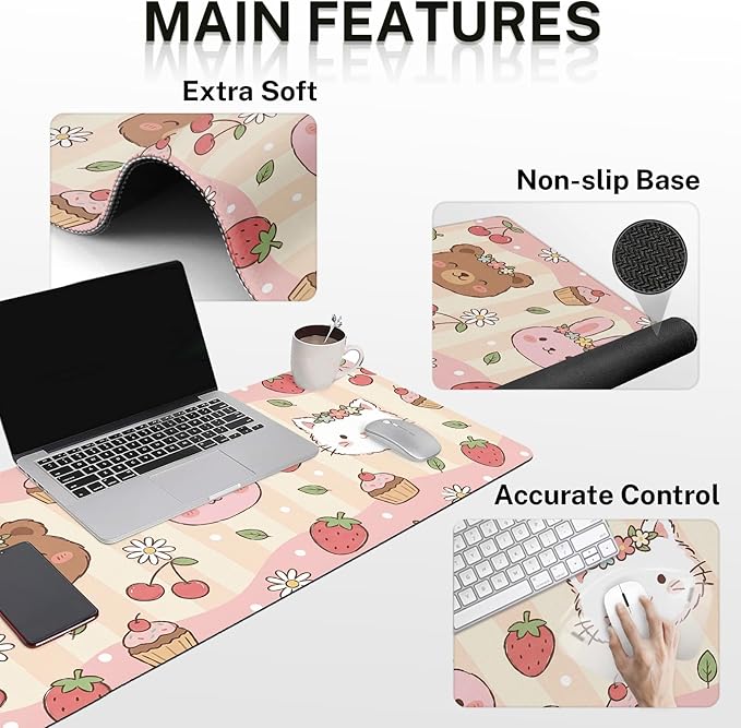 Arttown Kawaii Animal Desk Mat Strawberry Pink Mouse Pad Set 4 in 1 Ergonomic Design Large Mouse Pad + Keyboard Wrist Rest + Mouse Wrist Rest + Coaster Suitable for Home Office Study Game