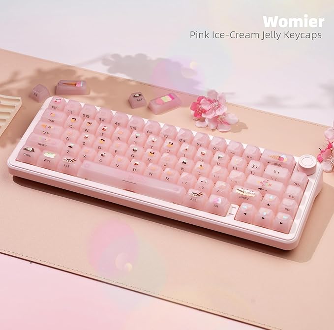 Womier Keyboard Keycaps Jelly,Ceramic Keycaps Style, Clear Ice-Cream Pink Cute Key Cap,Transparent Side Printed Custom 60 65 75 100 Percent for Cherry MX,Gateron Mechanical Keyboards,MDA Profile