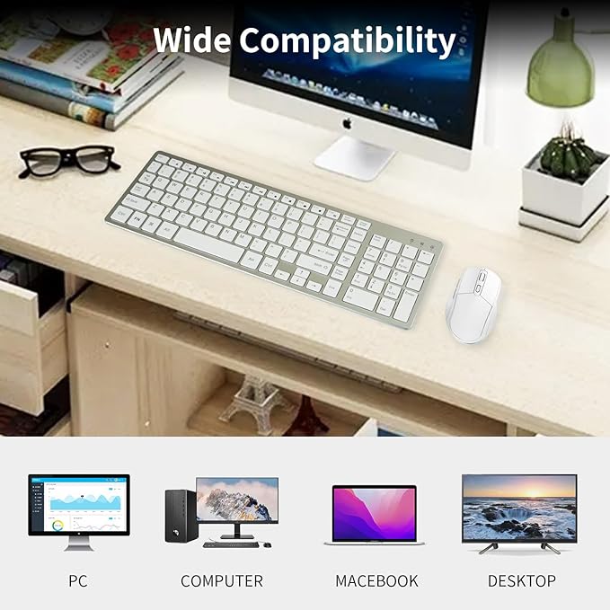 Wireless Keyboard Mouse Combo ;Compact Design with Number Pad, Rechargeable, Quiet, 2.4 GHz USB Receiver, Slim Keyboard and Ergonomic Mice Set for Windows Computer Desktop PC Laptop -Silver White