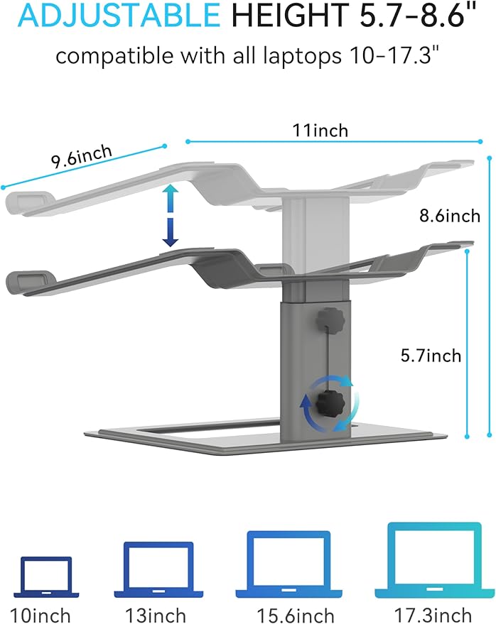 SOUNDANCE Adjustable Laptop Stand, Ergonomic Aluminum Riser for 10-17.3” Notebooks, Ventilated Metal Holder with Height Alignment for Desk Workspace, Grey