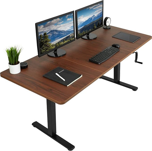 VIVO Manual Height Adjustable 71 x 30 inch Stand Up Desk, Dark Walnut Table Top, Black Frame, Standing Workstation with Foldable Handle, DESK-KIT-MB7D