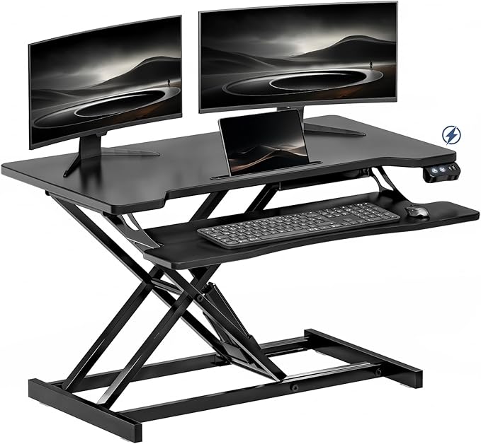 32" Electric Standing Desk Converter, Height Adjustable Sit to Stand Up Desk Riser with Large Keyboard Tray, Dual Monitor and Laptop Motorized Desktop Workstation for Home & Office, Black