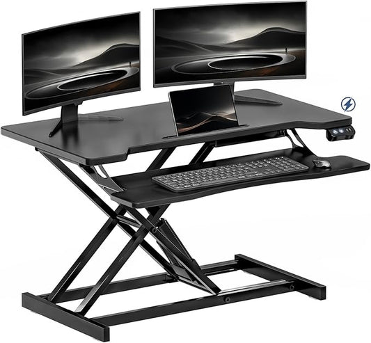 32" Electric Standing Desk Converter, Height Adjustable Sit to Stand Up Desk Riser with Large Keyboard Tray, Dual Monitor and Laptop Motorized Desktop Workstation for Home & Office, Black