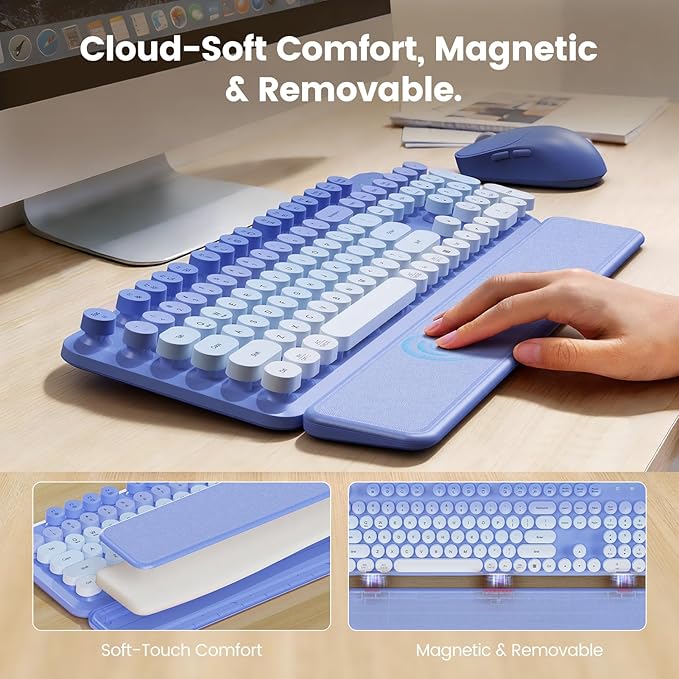 Wireless Keyboard and Mouse Combo, Magnetic Soft-Touch Wrist Rest, Round Keycaps, Full-Size Retro Typewriter Style Keyboard, 2-Stage Tilt Legs, Auto Sleep, 2.4GHz Cordless for Windows PC, Purple Ombre