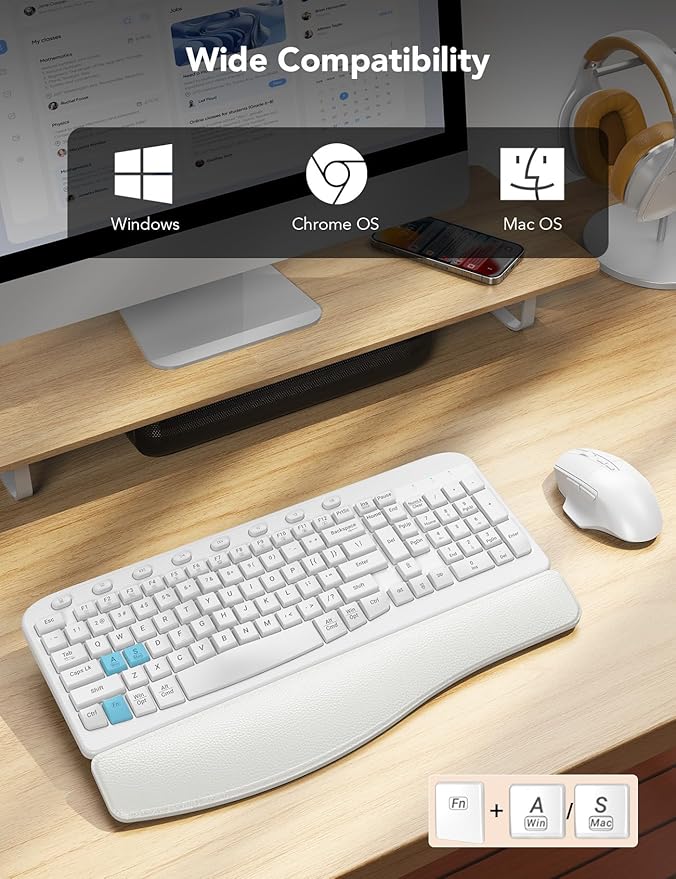 SABLUTE Wireless Keyboard and Mouse Combo, Ergonomic Wave Keys, Cushioned Plam Rest, Comfortable Silent Natural Typing, 2.4G Lag-Free, MA12 Full Size Keyboards Set for Multi-OS, Windows/Mac, White