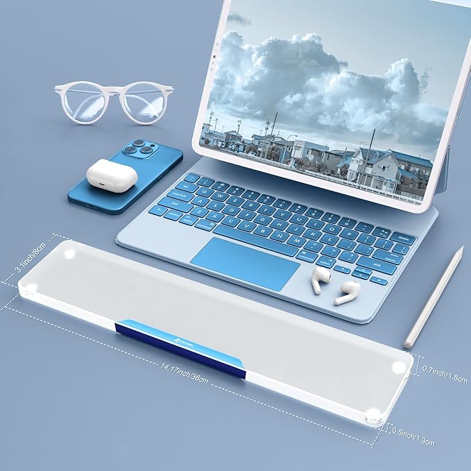 Acrylic Gaming Keyboard Wrist Rest,Clear Ergonomic Palm Rest with Anti-Slip Base,Customized Metal CNC Aluminum Alloy Logo for Compact 80% Computer Keyboard,Office,PC Gaming,Laptop,Mac,Easy Typing-Blue