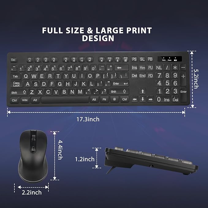 Wireless Keyboard and Mouse - Large Print Wireless Keyboard, KOPJIPPOM 2.4G Full Size Keyboard and Mouse Set with Big Letters and Backlight Key for Seniors, Compatible for Windows, Laptop, PC, Black