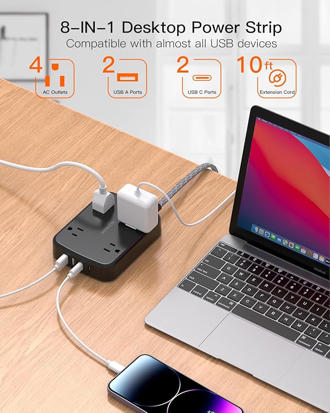10FT Surge Protector Power Strip, BESHON Flat Extension Cord with 2 USB C, Flat Plug Power Strip, 4 Widely Outlets and 4 USB Charging Ports, 900 Joules, for Home Office Dorm Room Essentials,Black
