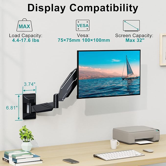 MOUNT PRO Monitor Wall Mount for 13 to 32 Inch Computer Screens, Single Monitor Mount with Tilt/Swivel/Rotation Adjustable, Gas Spring Wall Arm Holds up to 17.6lbs, Vesa Wall Mount 100x100