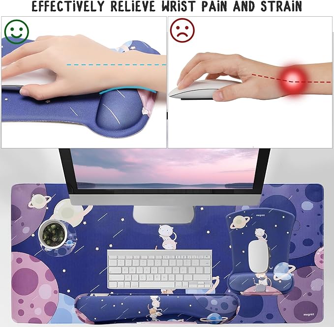 MEGREZ 4-in-1 Ergonomic Memory Foam Wrist Rest Set, Desk Pad, Mouse Pad with Wrist Rest, Keyboard Pad, Suitable for Office Workers, Programmers & Gamers–Relieve Typing & Gaming Fatigue, Cat Planet
