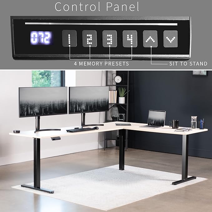 VIVO Corner Standing Desk, 84 x 63 inch Reversible L-Shaped Workstation, Electric Height Adjustment, Home, Office, and Reception Rooms, Light Wood Table Top Black Frame, DESK-E3CTBC-84
