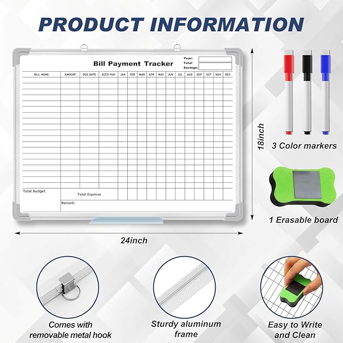 24 x 18 Inch Monthly Bill Payment Tracker Organizer Whiteboard Aluminum Frame Wall Monthly Bill Payment Checklist Magnetic Dry Erase Board Planner for Personal Budgeting Financial (Stylish)