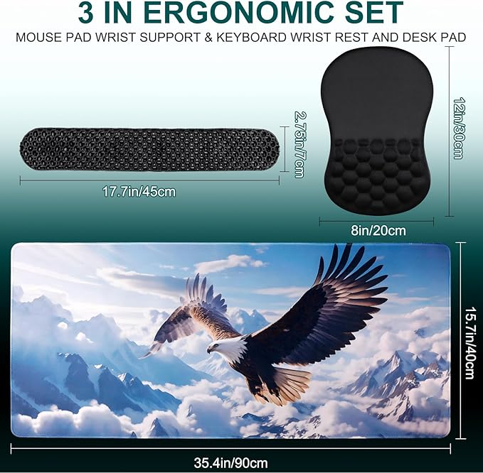 3 in 1 Set Ergonomic Mouse Pad with Wrist Rest, Keyboard Wrist Rest, Non-Slip Desk Pad, Memory Foam Breathable Support for Prolonged Typing and Mouse Use, Relief from Wrist Fatigue Jamboa