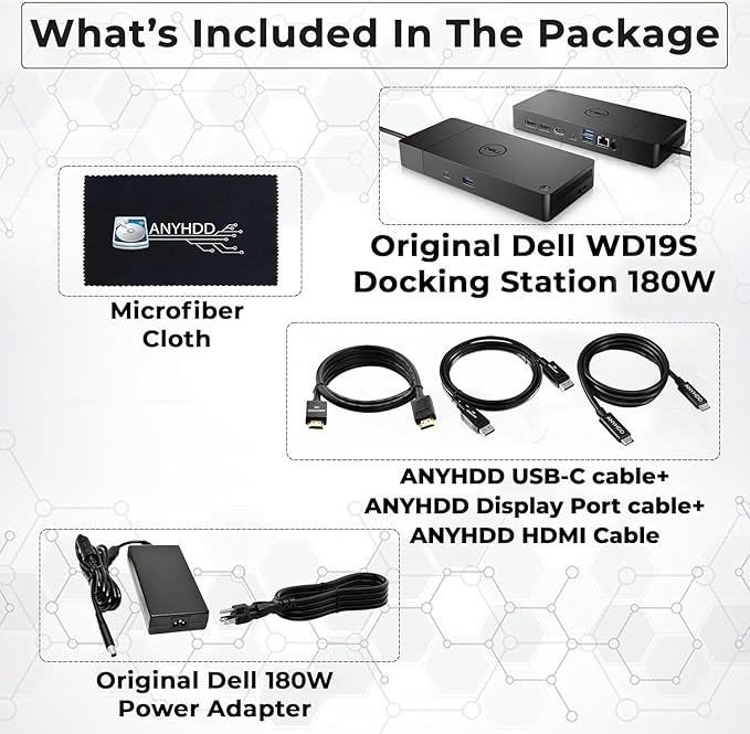 Dell WD19S Docking Station Dual Monitor Bundle - 180W, Supports 4K Display, Dell Dock with 180W Power Supply + Anyhdd 4K HDMI Cable + 4K DisplayPort Cable + USB-C Cable + Microfiber Cloth Included