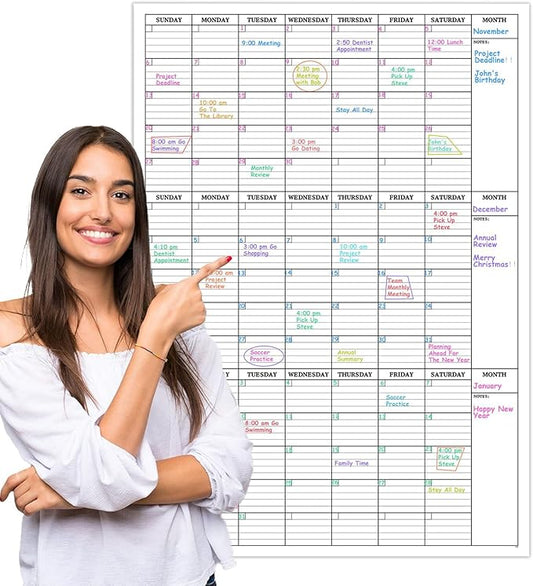Large Dry Erase Calendar for Wall - 3 Month Vertical Wall Calendar, Reusable Quarterly Calendar Planner Undated, 27.8" x 41" Laminated Whiteboard