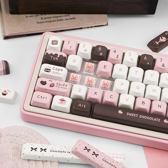PBT Keycaps 145 Keys, Dye Sublimation PBT Custom Keycap Set, Pink Chocolate Keycaps, Cute Key Cap FOA Profile Keyboard Keycap Set for Cherry Gateron MX Switches Mechanical Keyboard