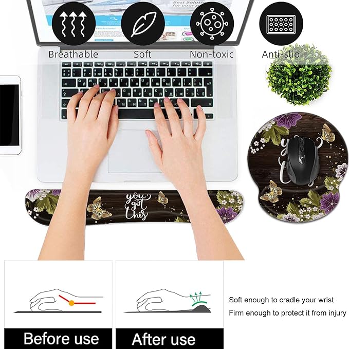 Bxgolkgd Keyboard Wrist Rest and Mouse Pad Wrist Support Set,Ergonomic Memory Foam Wrist Pad & Non Slip Base for Home Office Working Studying Easy Typing,Pain Relief,Flower Butterfly You Got This
