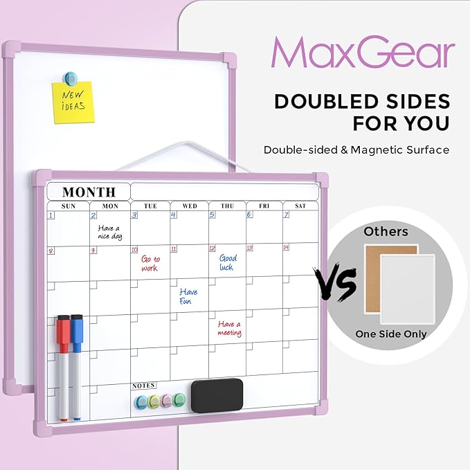 MaxGear Monthly Calendar Dry Erase Board for Wall, 16"x12" Small Hanging Double-Sided White Board, Portable Whiteboard for Planning, Drawing, Memo, to Do List, School, Home, Office, Purple Frame