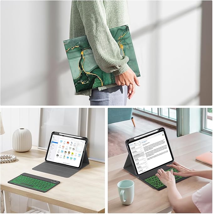 Soke for iPad (A16) 11th/10th Generation Case with Keyboard(2025/2022)-7 Color Backlight Wireless Detachable Folio Keyboard Cover with Built-in Pencil Holder for iPad 11/10.9 inch, Green Marble