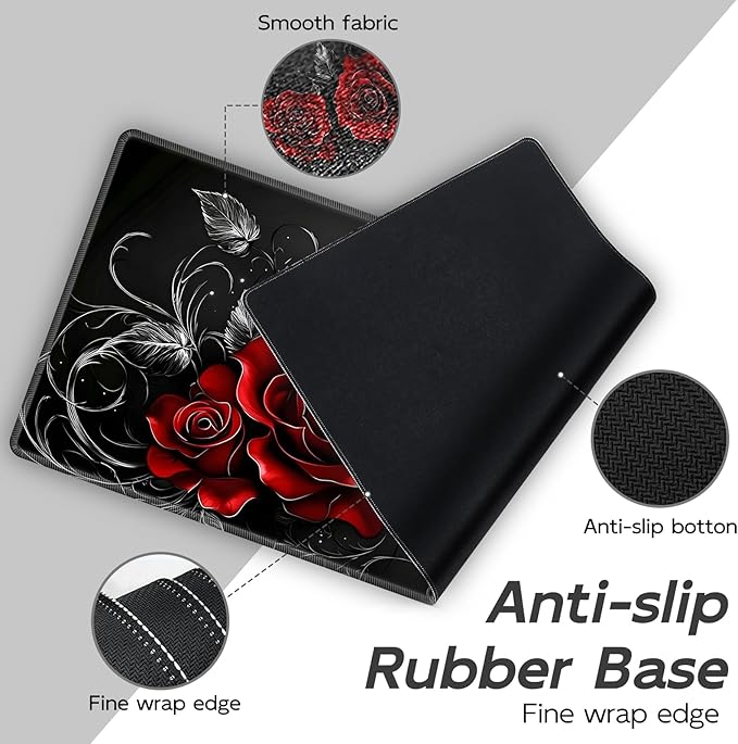 Gaming Mouse Pad Set, Swirl red Roses Large Desk Mat Mousepad, Keyboard Wrist Support, Mouse Wrist Rest, Coaster 4in1 Ergonomic Memory Foam, Non-Slip Stitched Edge for Home Office