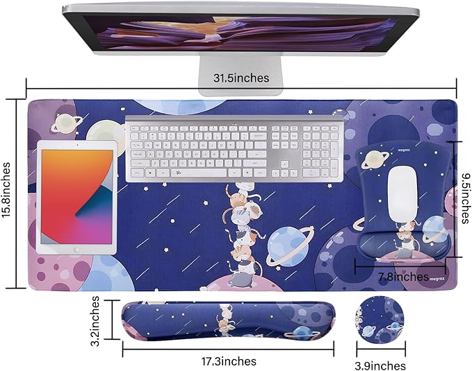 MEGREZ 4-in-1 Ergonomic Memory Foam Wrist Rest Set, Desk Pad, Mouse Pad with Wrist Rest, Keyboard Pad, Suitable for Office Workers, Programmers & Gamers–Relieve Typing & Gaming Fatigue, Cat Planet