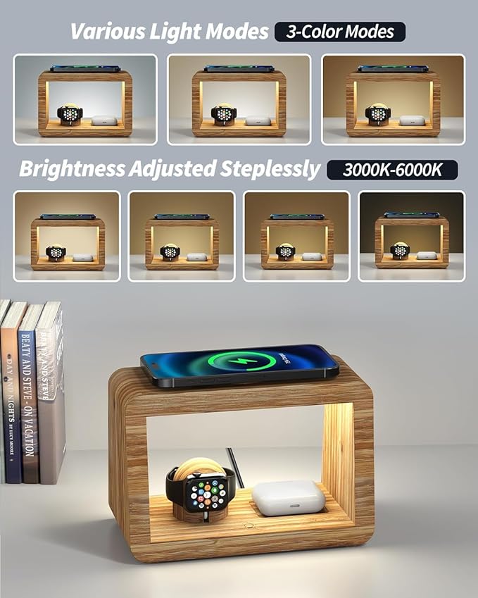 Bamboo Wireless Charging Station with Night Light, 3 in 1 Charging Station for iPhone 17/16/15/14/13/12/11 Pro Max/X/Xs, AirPods 4/3 & AirPods Pro 3/2/1/, Apple Watch Series