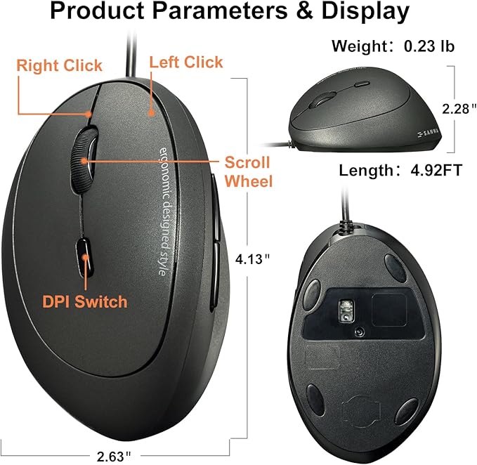 SANWA Wired Left Handed Ergonomic Mouse, Optical Vertical Mice for Small Hands, Reduce Wrist Strain,1000/1600/2400/3200 DPI, 6 Buttons, Compatible with Laptop, Desktop, Windows, Mac, Black