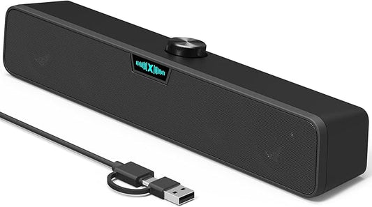 Computer Speakers Soundbar for Desktop PC Mac, USB Plug-in, Wired, External Speakers for Laptop Desk Monitor, RGB Gaming Sound bar with HD Stereo Loud Sound, Punchy Bass, Volume Knob, USB C Adapter