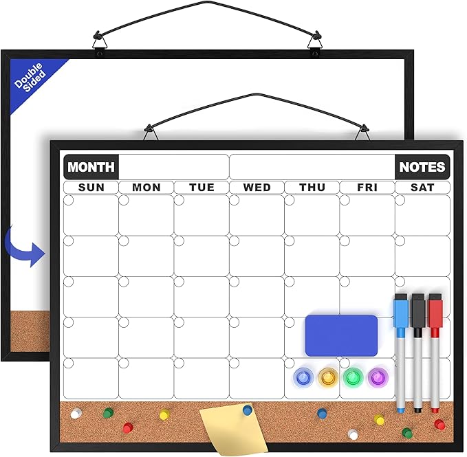 Monthly Calendar Dry Erase Board 16x12 Inch, Double-Sided Whiteboard and Corkboard Combo with Black Aluminum Frame, Wall Mounted Planner Organizer with Markers, Magnets, Push Pins, Eraser