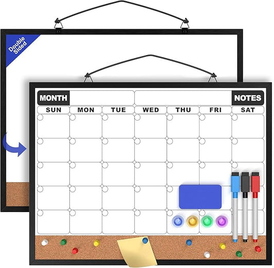 Monthly Calendar Dry Erase Board 16x12 Inch, Double-Sided Whiteboard and Corkboard Combo with Black Aluminum Frame, Wall Mounted Planner Organizer with Markers, Magnets, Push Pins, Eraser