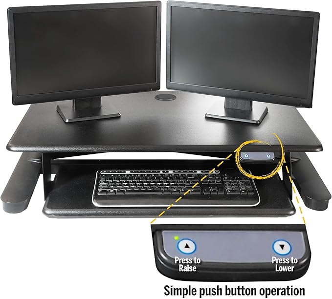 Kantek Standing Desk Converter, Electric Lift, Adjustable From, 6"-23", Large Platform Fits Dual Monitors, Sit to Stand Home Office Workstation, Grommet Hole