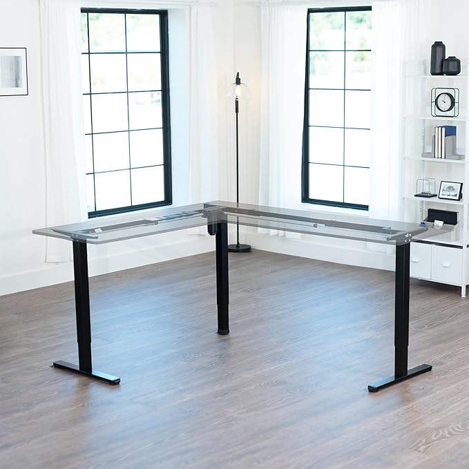 VIVO Large Electric Single Motor Height Adjustable 3-Leg CornerStanding Desk Frame, Holds up to 225 lbs, Sit Stand L-Shaped Motorized Legs Only, Black, DESK-E375B