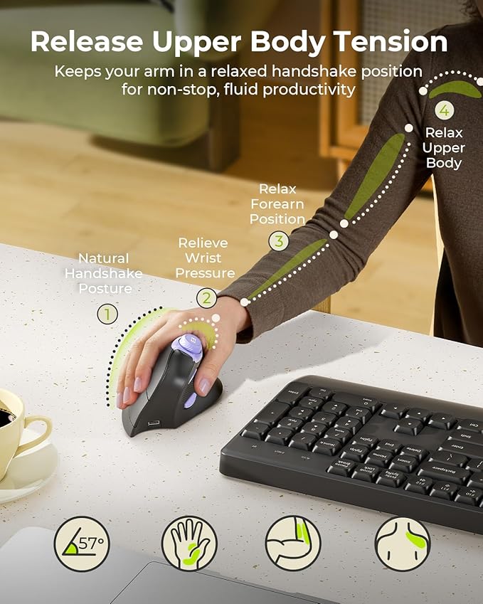 seenda Ergonomic Mouse Wireless, MOU-302 Bluetooth Vertical Mouse Rechargeable, Optical Mice with 1000/1600/2400 DPI, Volume Knob, 3 Multi-Device Connectivity for Computer/PC/Laptop/Mac, Black Purple