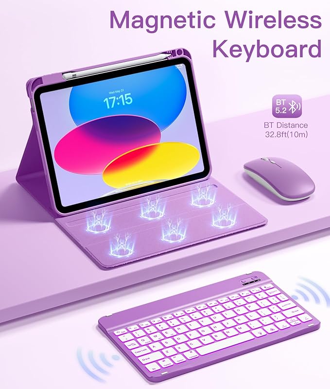 Hamile for iPad A16 Case with Keyboard - Mouse Backlit Wireless Detachable Keyboard Glitter Folio Cover with Pencil Holder for iPad 11th Gen A16 11-inch 2025 10th Generation 10.9 Inch 2022 - Purple