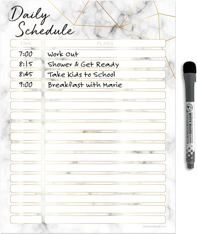 Dry Erase Daily Schedule Planner Sticker Decal by Glassboard Studio | Removable & Reusable | Magnetic Fine-Tip Marker Included (9 x 12 inches, Marble)