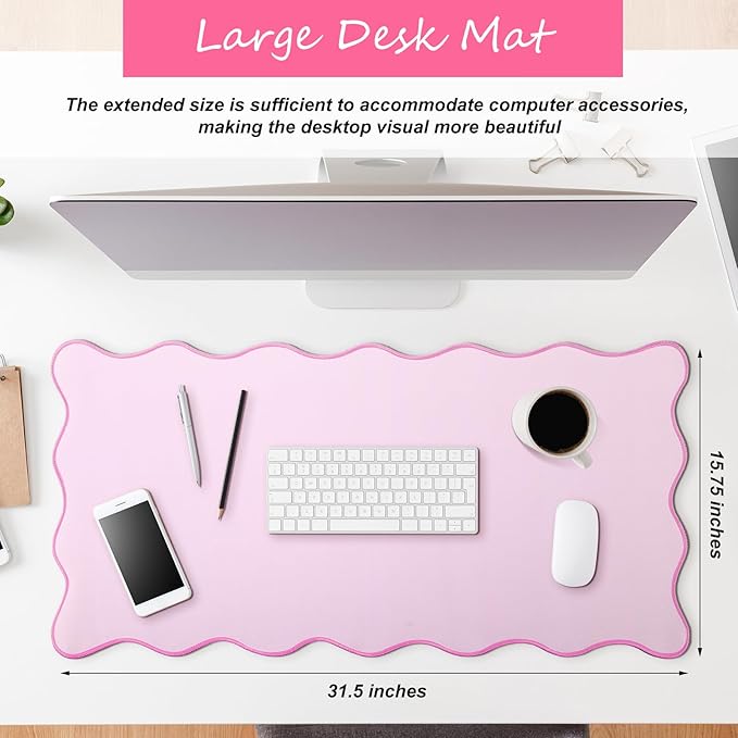 Scalloped Desk Mat Large Scalloped Piping Cute Desk Mat Aesthetic Preppy Table Pad Large Nonslip Pad with Edge Stitching Waterproof Gaming(Pink,31.5 x 15.75 Inches)