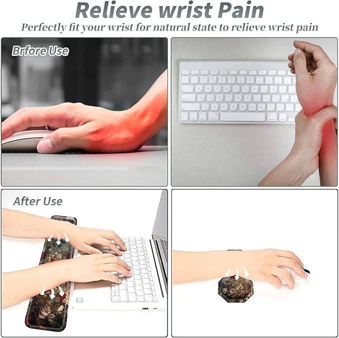 3Pcs Mouse Pad Set, Dark Art Flowers Large Gaming Mouse Pad with Stitched Edge, Ergonomic Memory Foam Keyboard Wrist Support and Mouse Wrist Rest Cushion, Pain Relief Non-Slip Desk Pad Combo
