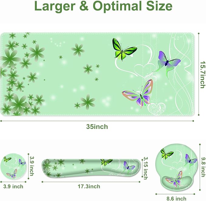 Mint Green Butterflies Florals Mouse Pad, XXL Large Desk Mat Extended Reading Desk pad, 4PCS Non-Slip Rubber Base Computer Big Mousepads for Work, Game, Office, Home Decor Cute Girls Woemn Gifts